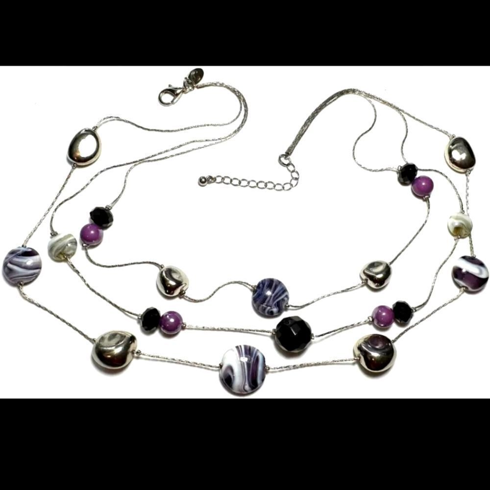Vtg Jewelry Necklace Signed Charming Charlie Multi Strand Purple Glass 20'-23"
